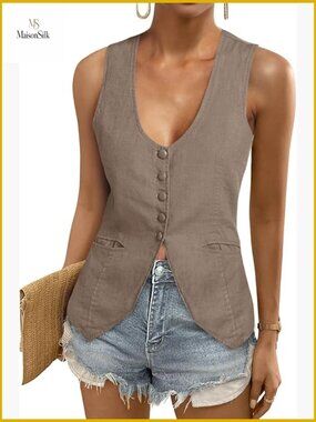 Sleeveless Cotton Blazer Vest Scoop Neck Fitted Waistcoat Work Casual
